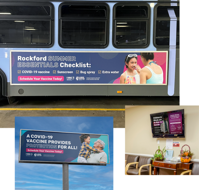 Advertisements on a Bus, Billboard, and Office Waiting Room TV
